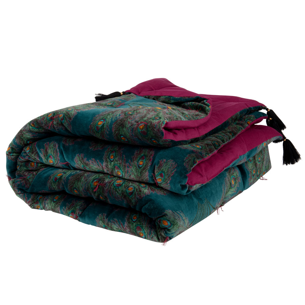 Boutis en velours de coton imprimé plumes de paon violet, bleu et vert 100x200 Boutis en velours de coton imprimé plumes de paon violet, bleu et vert 100x200