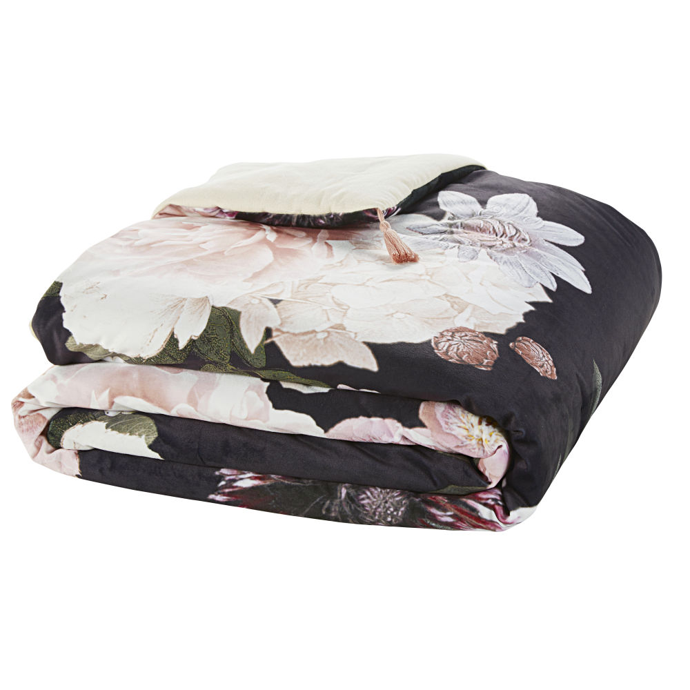 Boutis en velours rose et noir motif imprimé floral et pompons 100x200