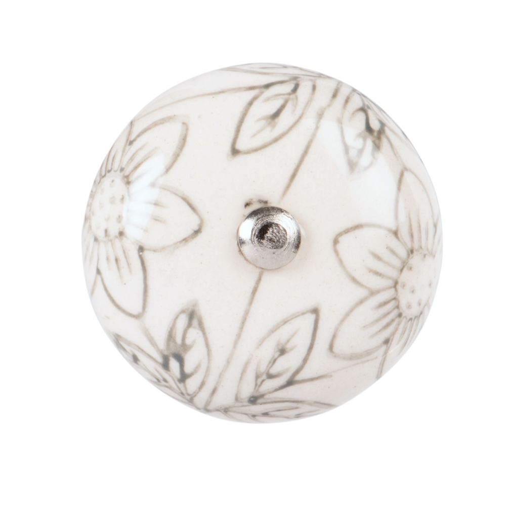 Bouton de porte en céramique blanche motifs fleurs noires (photo) Bouton de porte en céramique blanche motifs fleurs noires