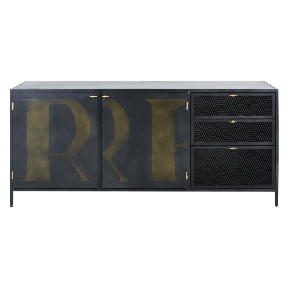 Buffet 2 portes 3 tiroirs en métal gris anthracite imprimé (photo) Buffet 2 portes 3 tiroirs en métal gris anthracite imprimé