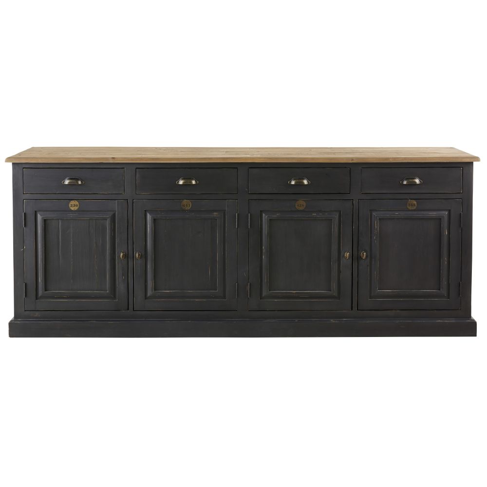 Buffet 4 portes 4 tiroirs en bois de pin recyclé gris anthracite