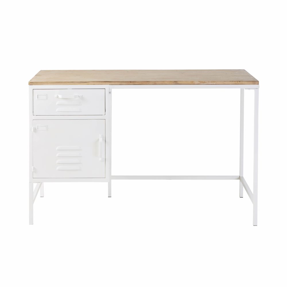 Bureau 1 tiroir 1 porte en métal blanc et sapin Bureau 1 tiroir 1 porte en métal blanc et sapin