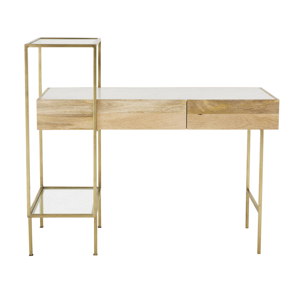 Bureau 2 tiroirs en marbre blanc et mÃ©tal coloris laiton