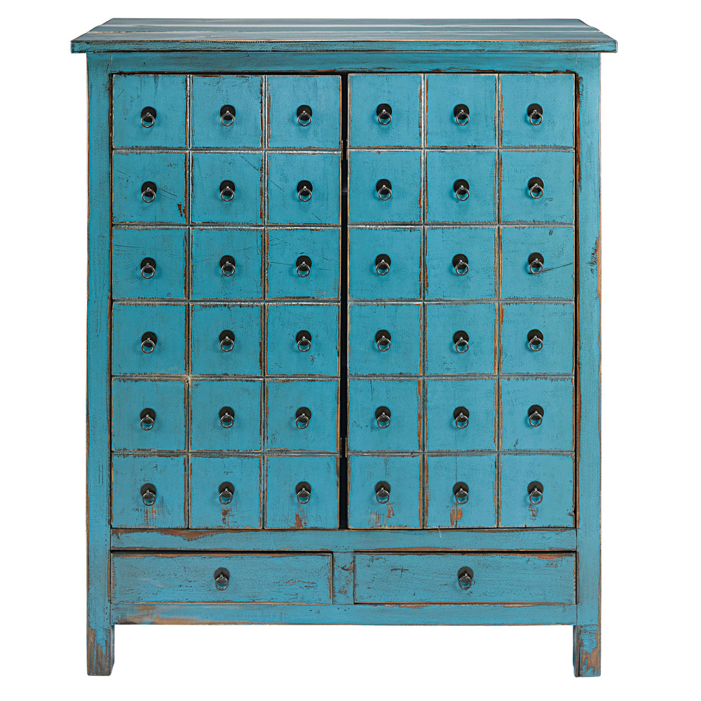 Cabinet 2 portes 2 tiroirs en sapin bleu vieilli (photo) Cabinet 2 portes 2 tiroirs en sapin bleu vieilli
