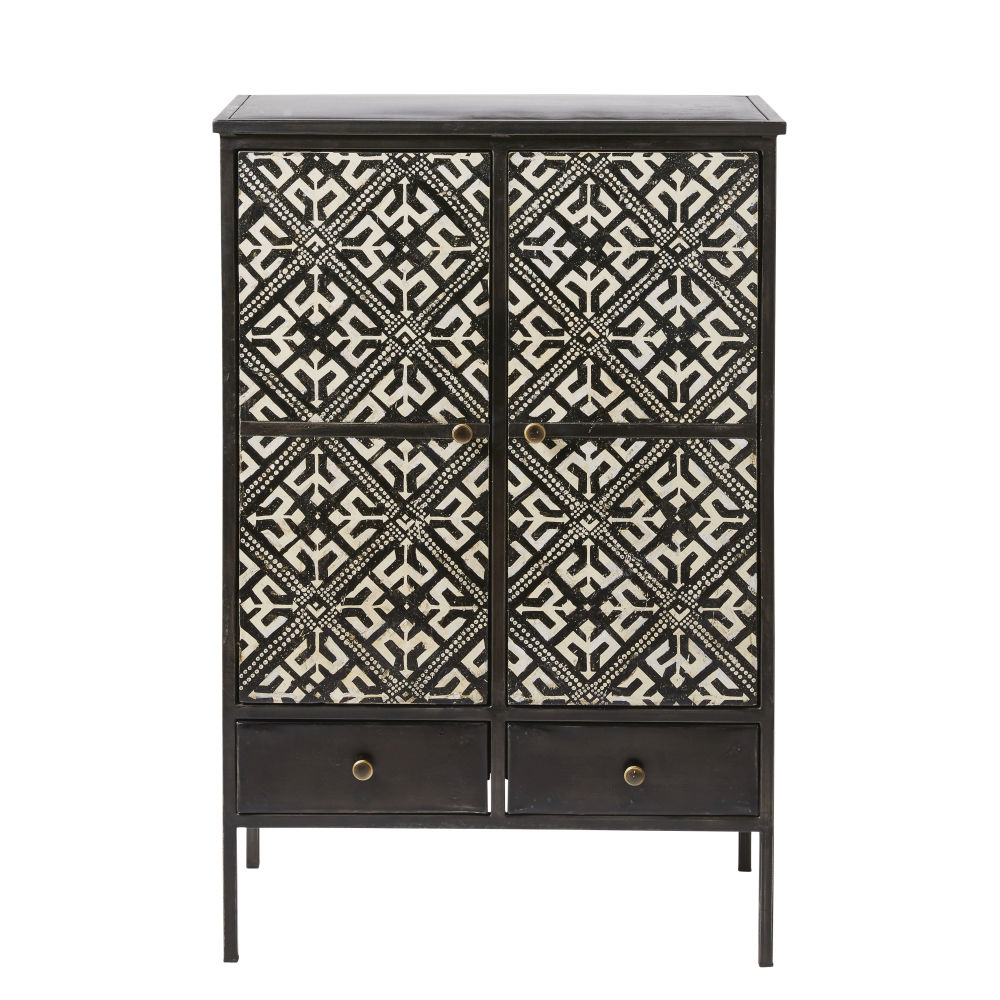 Cabinet de rangement 2 portes 2 tiroirs noir motifs ivoire (photo) Cabinet de rangement 2 portes 2 tiroirs noir motifs ivoire