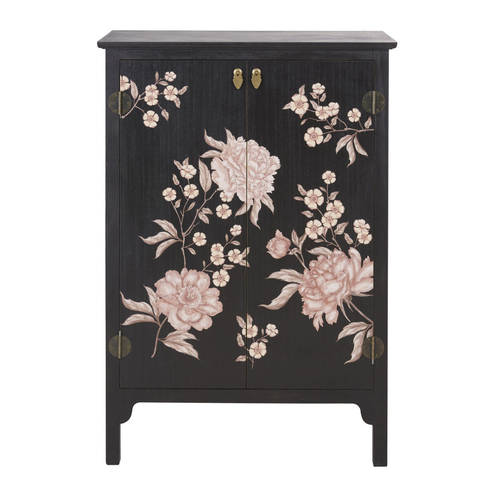 Cabinet de rangement 2 portes noir imprimé floral Cabinet de rangement 2 portes noir imprimé floral