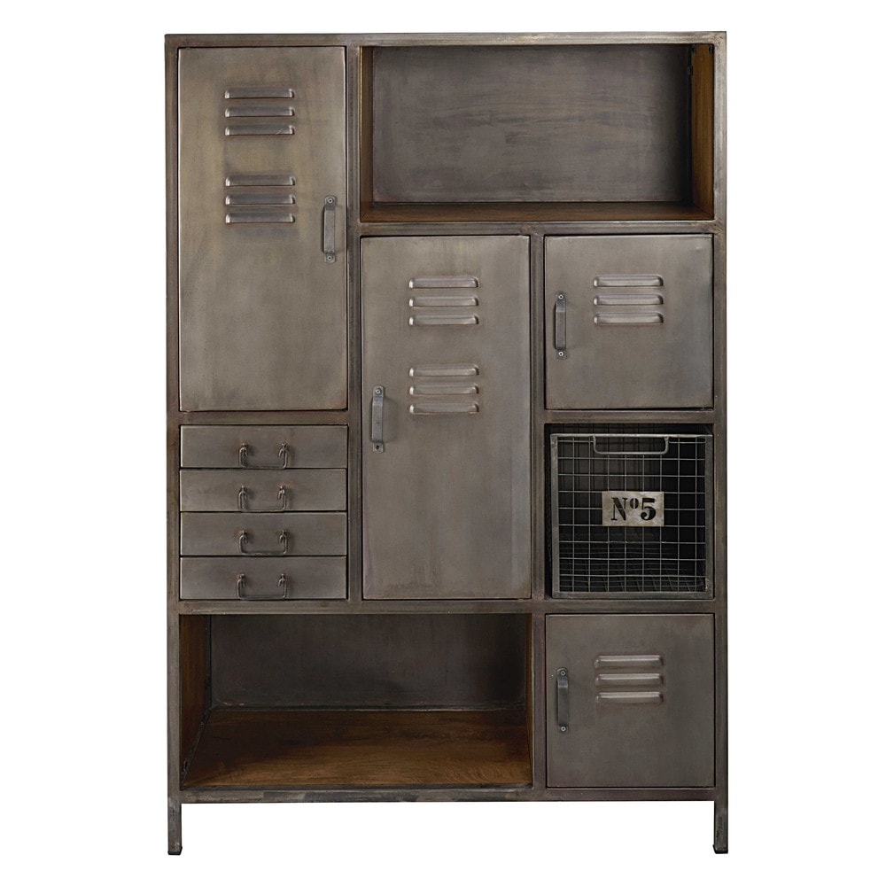 Cabinet de rangement 4 portes 4 tiroirs en métal et manguier (photo) Cabinet de rangement 4 portes 4 tiroirs en métal et manguier
