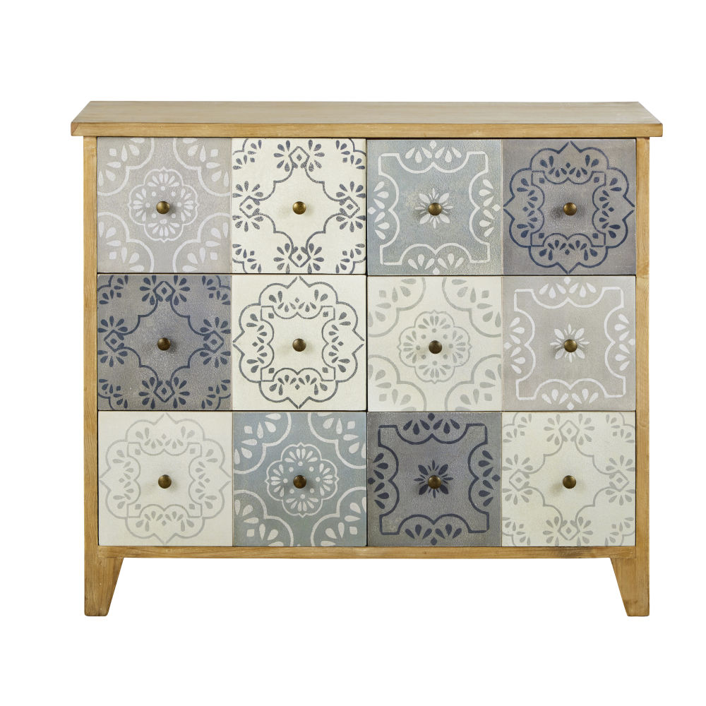 Cabinet de rangement 6 tiroirs en trompe l'œil motifs arabesques verts Cabinet de rangement 6 tiroirs en trompe l'œil motifs arabesques verts