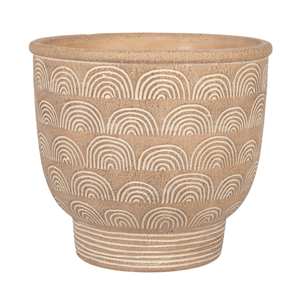Cache-pot en ciment marron motifs arcs blancs H21 (photo) Cache-pot en ciment marron motifs arcs blancs H21