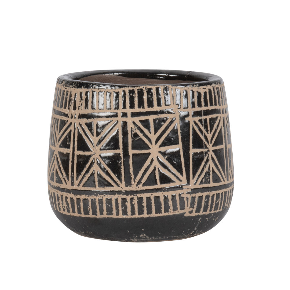 Cache-pot en terre cuite noire motifs ethniques H14 (photo) Cache-pot en terre cuite noire motifs ethniques H14