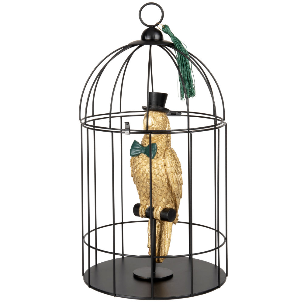 Cage en métal noir et perroquet doré Cage en métal noir et perroquet doré