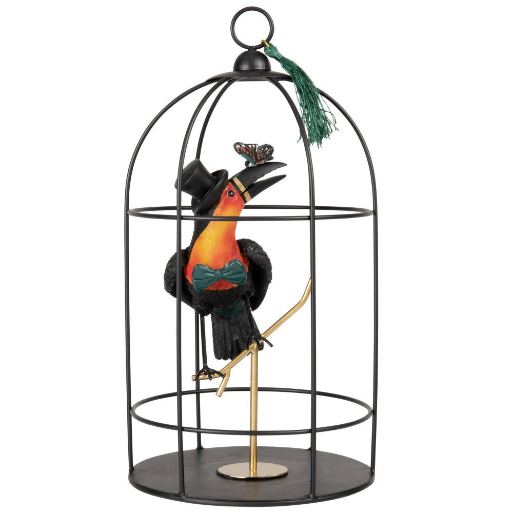 Cage en métal noir et toucan orange, noir et vert Cage en métal noir et toucan orange, noir et vert