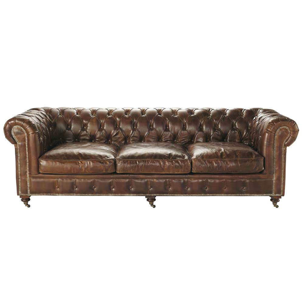 Canapé capitonné vintage 4 places en cuir marron Canapé capitonné vintage 4 places en cuir marron