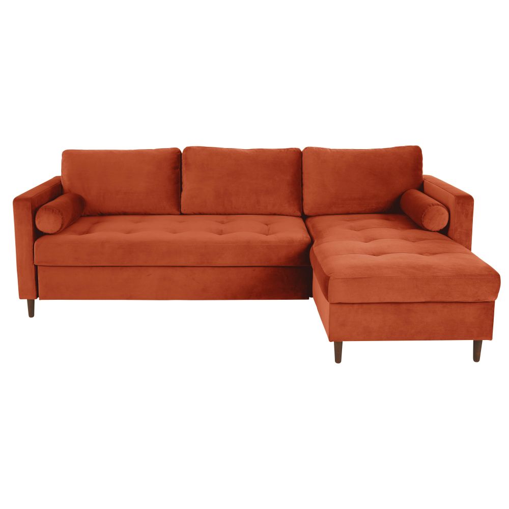Canapé d'angle convertible 4/5 places en velours orange Canapé d'angle convertible 4/5 places en velours orange