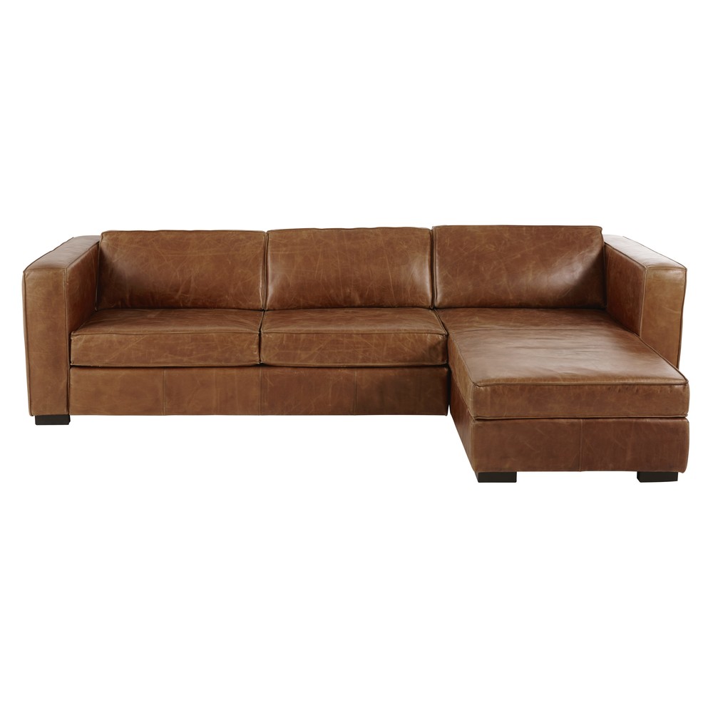 Canapé d'angle convertible 4 places en cuir marron