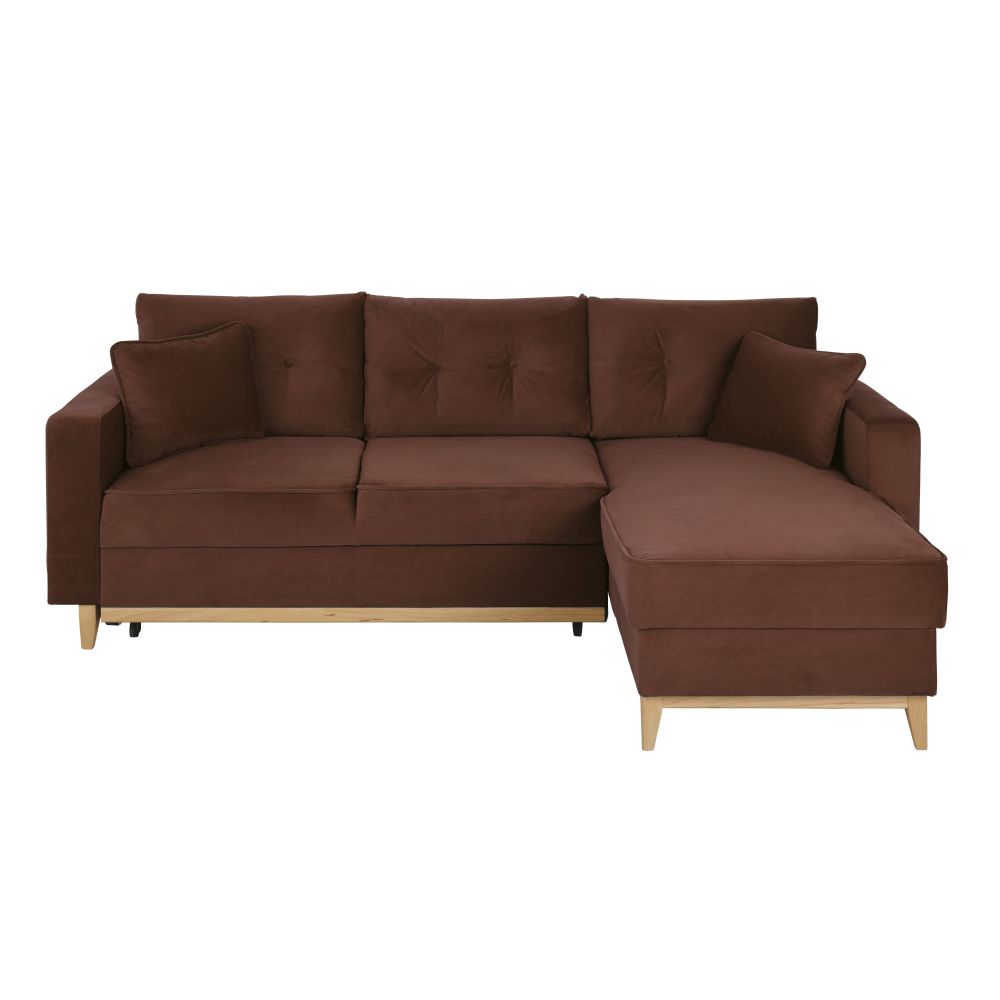 Canapé d'angle convertible style scandinave 4/5 places en velours brun Canapé d'angle convertible style scandinave 4/5 places en velours brun