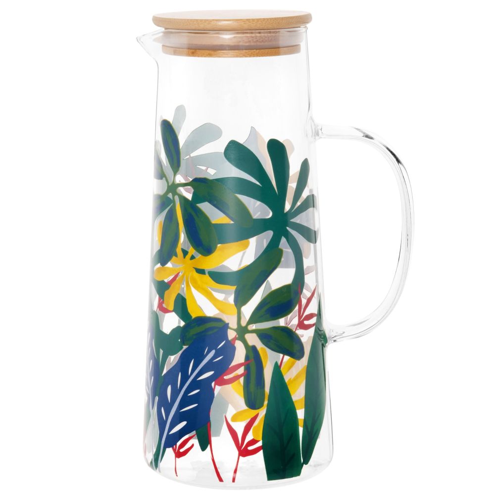 Carafe en verre motif feuillage multicolore couvercle en bambou 1.5L