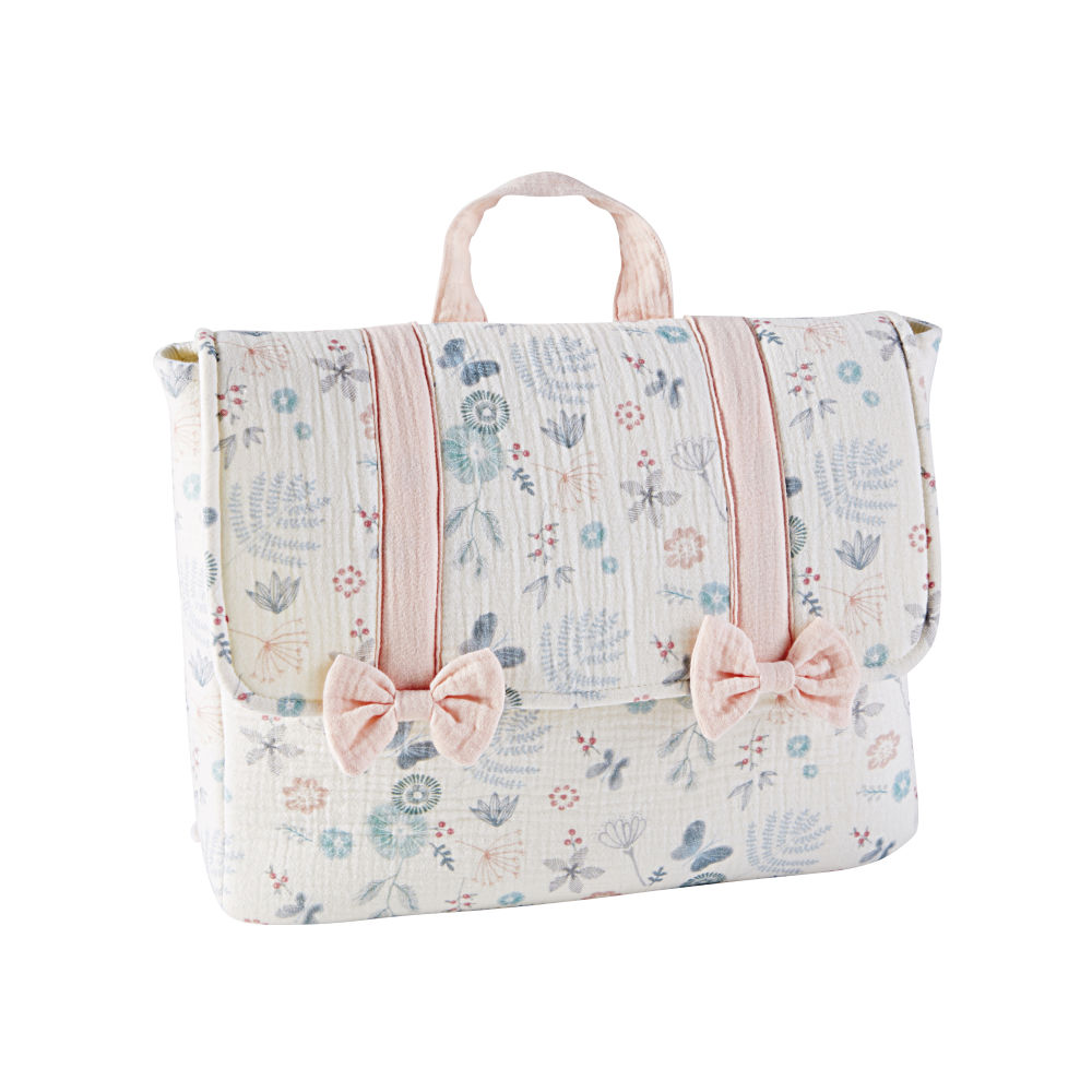 Cartable en gaze de coton écru imprimé végétal nœuds roses (photo) Cartable en gaze de coton écru imprimé végétal nœuds roses