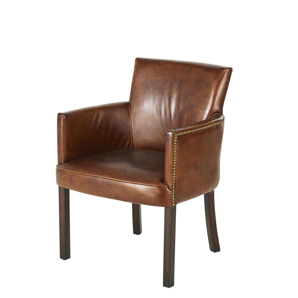 Chaise avec accoudoirs en cuir de vachette marron vieilli Chaise avec accoudoirs en cuir de vachette marron vieilli