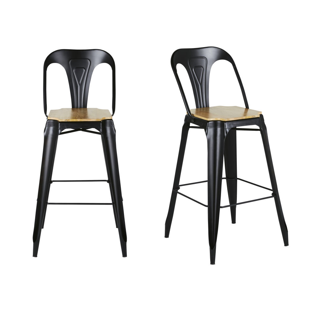 Chaise de bar en métal noir et bois de manguier H74 (x2)