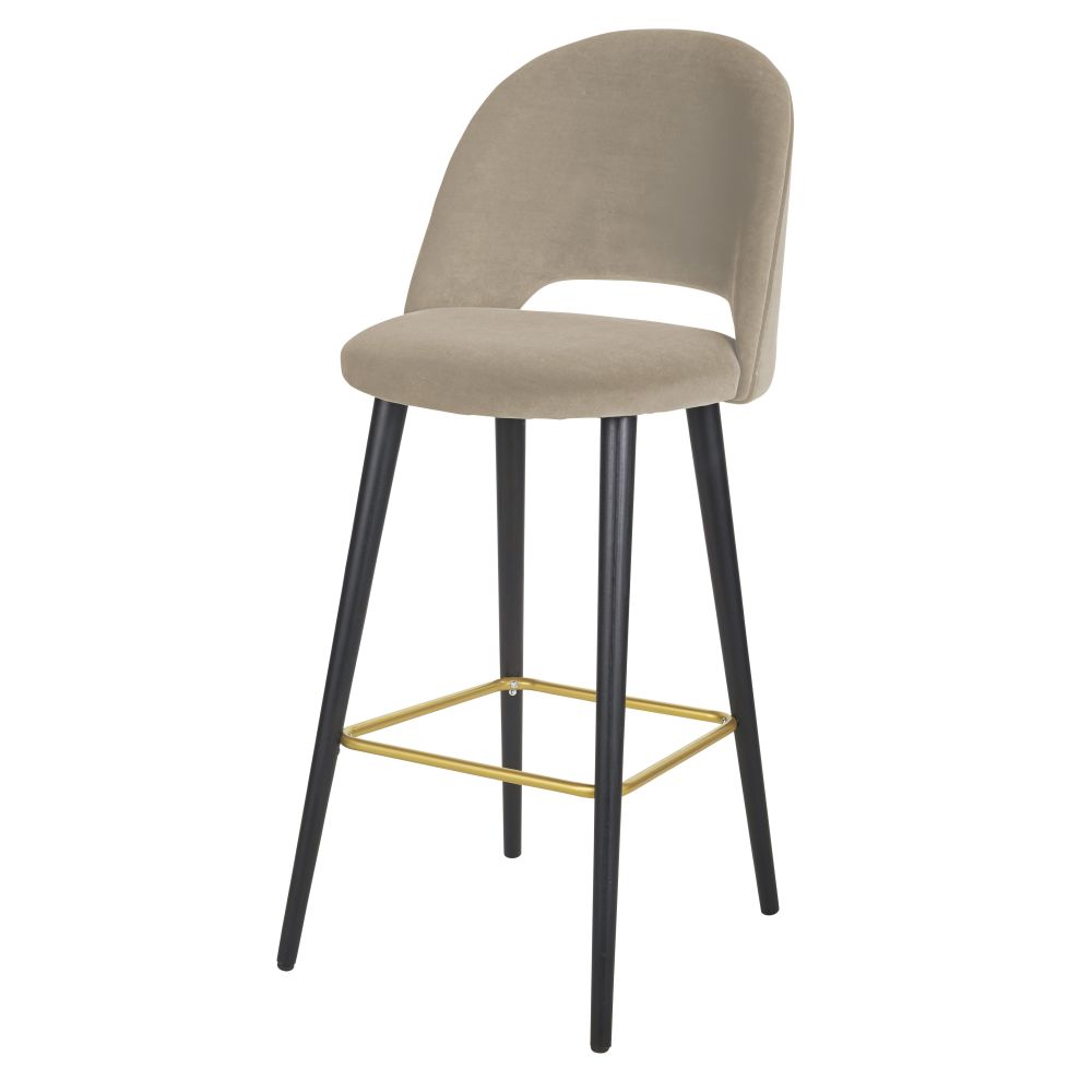 chaise de bar en velours beige cappuccino et pieds en bois de frêne noir et métal doré h82
