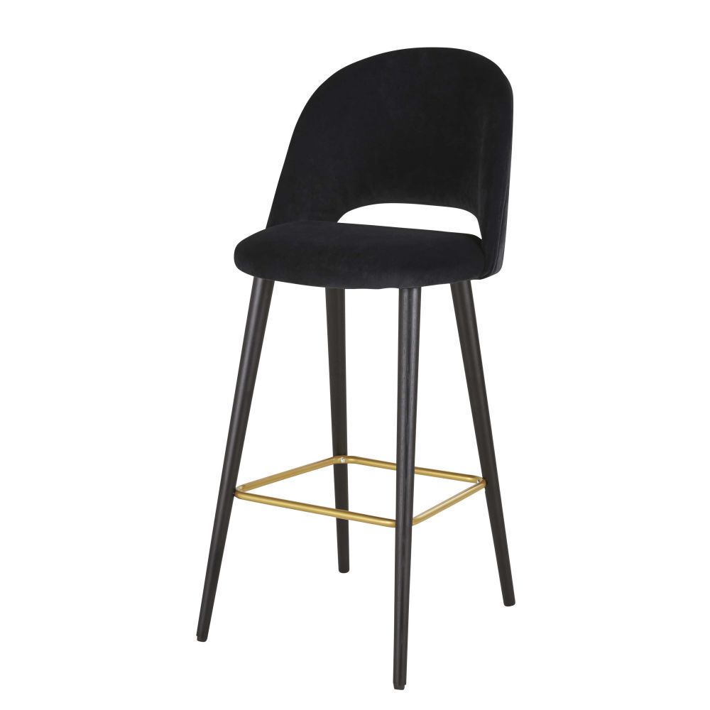 Chaise de bar en velours pieds en bois de frêne massif noirs Chaise de bar en velours pieds en bois de frêne massif noirs