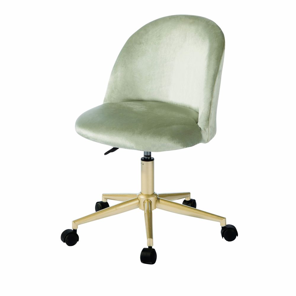 Chaise de bureau à roulettes en velours vert et métal coloris laiton