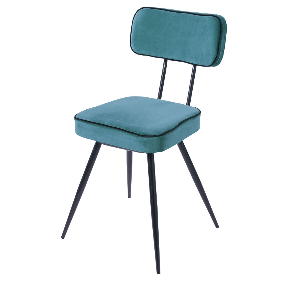 Chaise en velours bleu et métal noir (photo) Chaise en velours bleu et métal noir