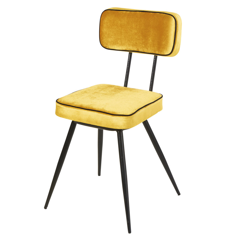 Chaise en velours jaune et métal noir (photo) Chaise en velours jaune et métal noir