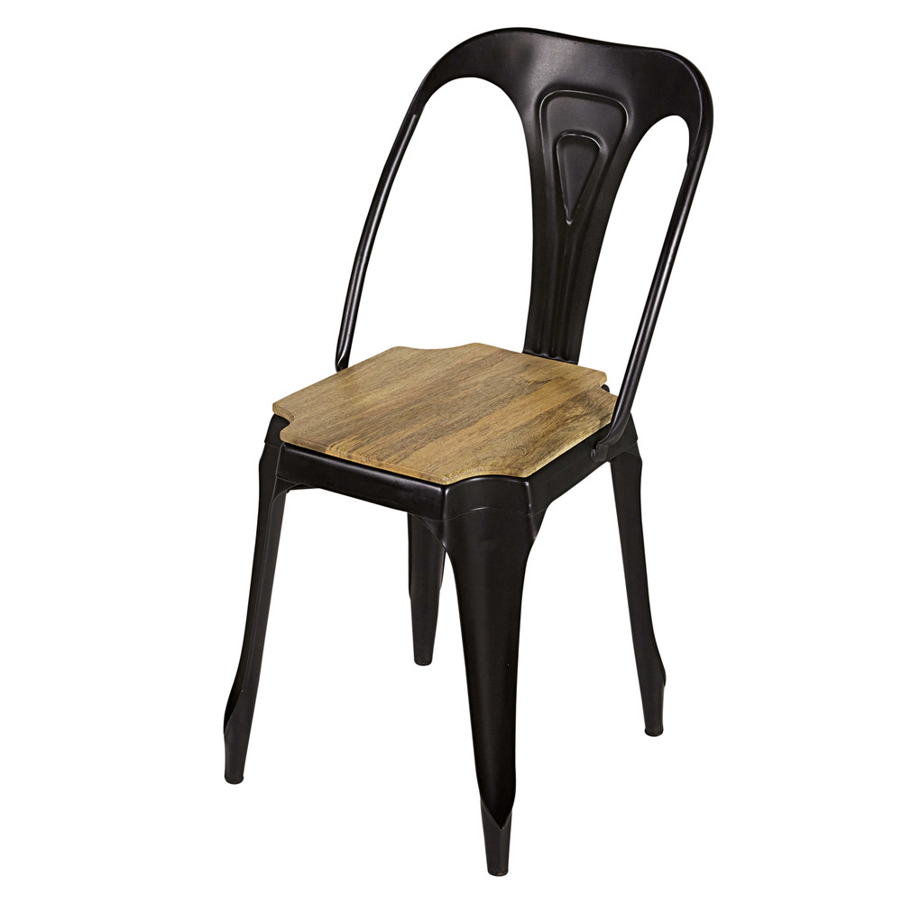 Chaise industrielle en métal noir mat et bois de manguier