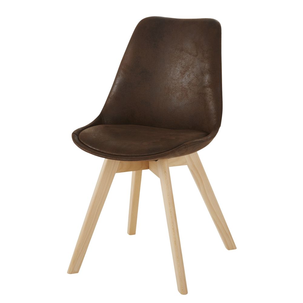 Chaise style scandinave en suédine marron vintage et hévéa