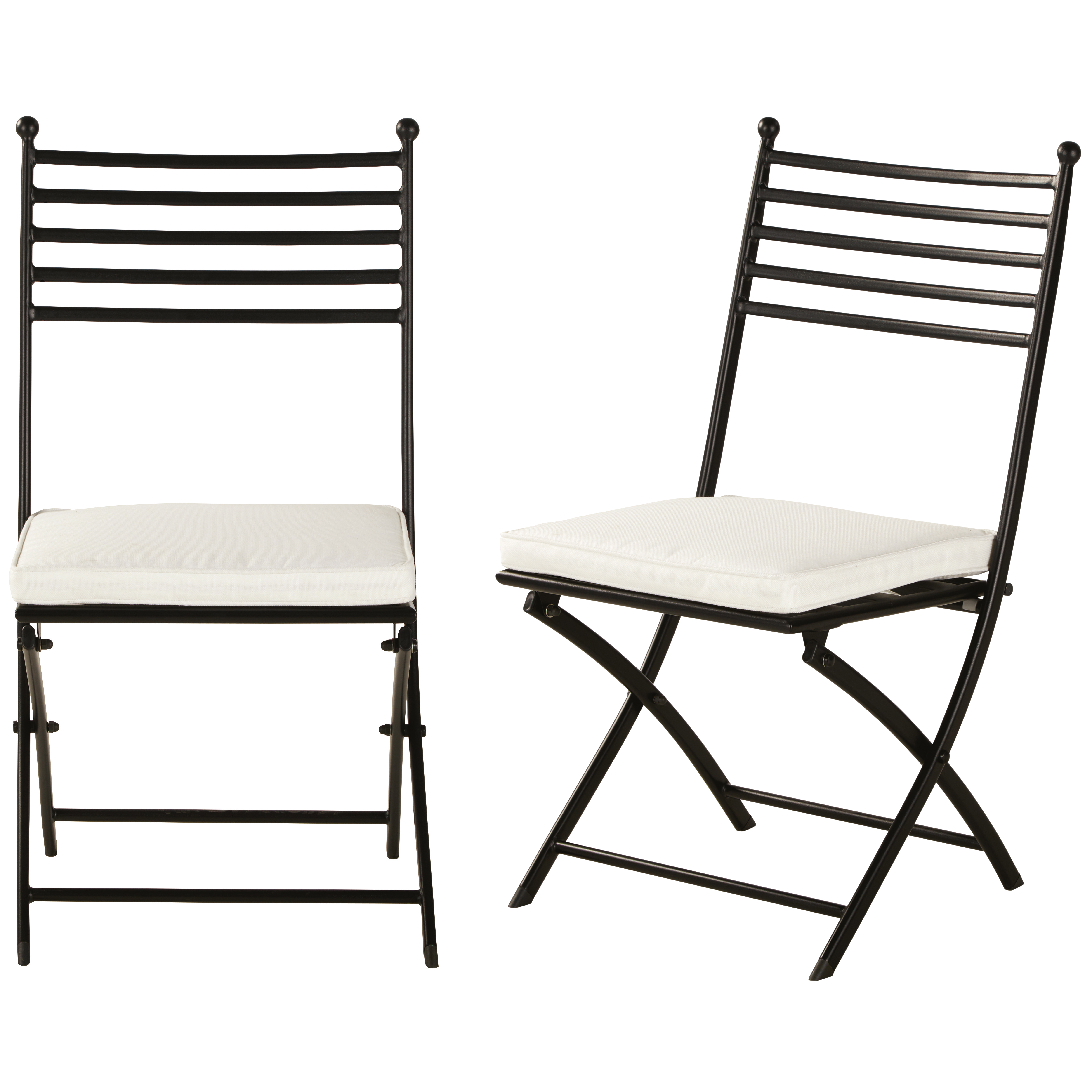 chaises de jardin pliantes en acier noir et coussins blanc cassé (x2)