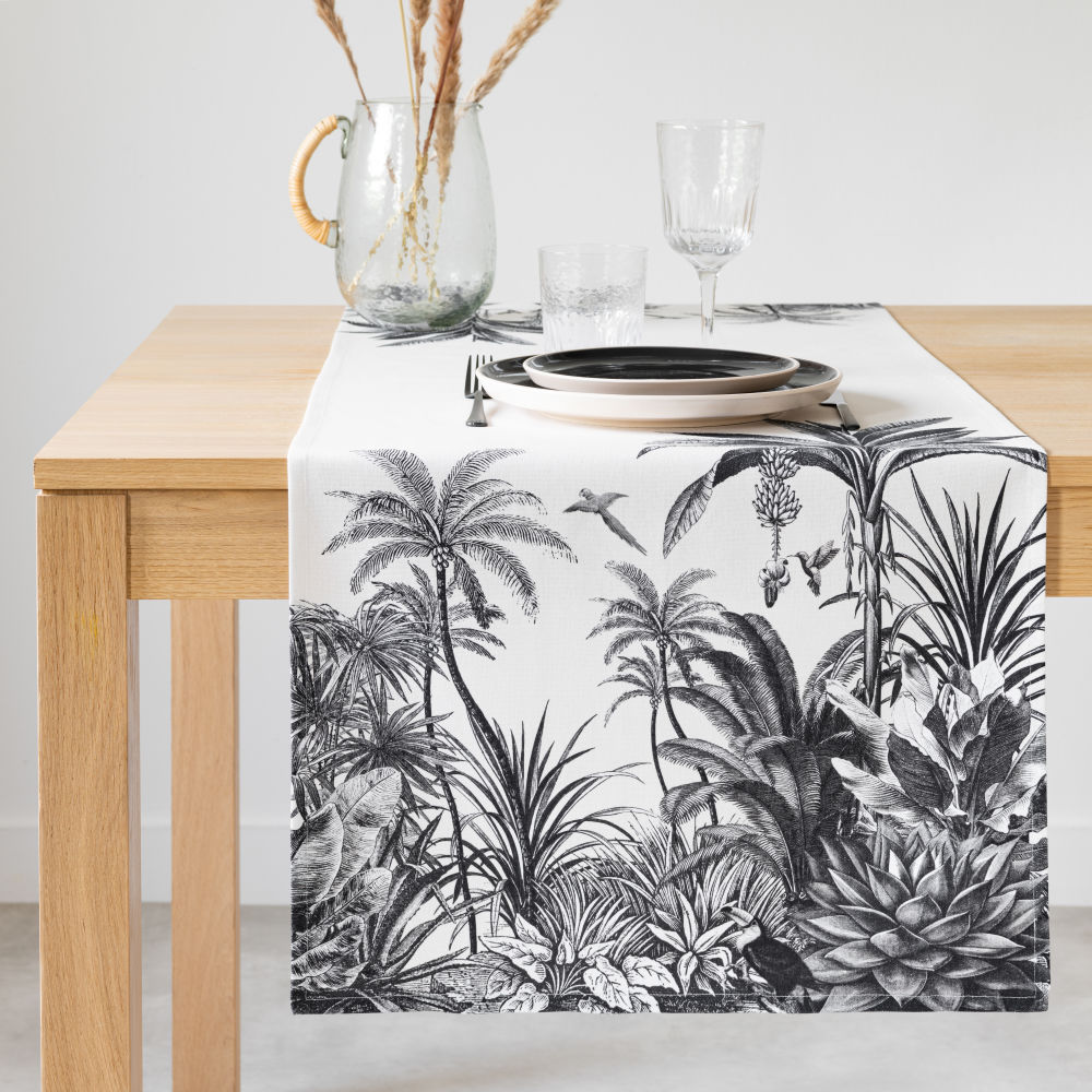 Chemin de table en coton bio à imprimé tropical noir et blanc 48x150