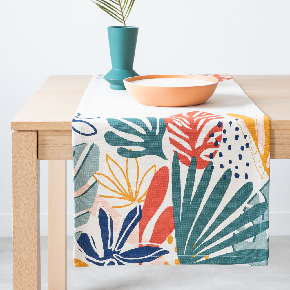 Chemin de table en coton bio imprimé feuillage multicolore 48x150 (photo) Chemin de table en coton bio imprimé feuillage multicolore 48x150