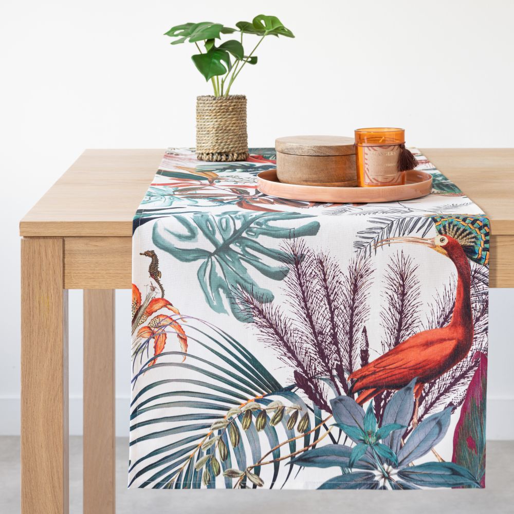 Chemin de table en coton bio imprimé tropical multicolore 48x150