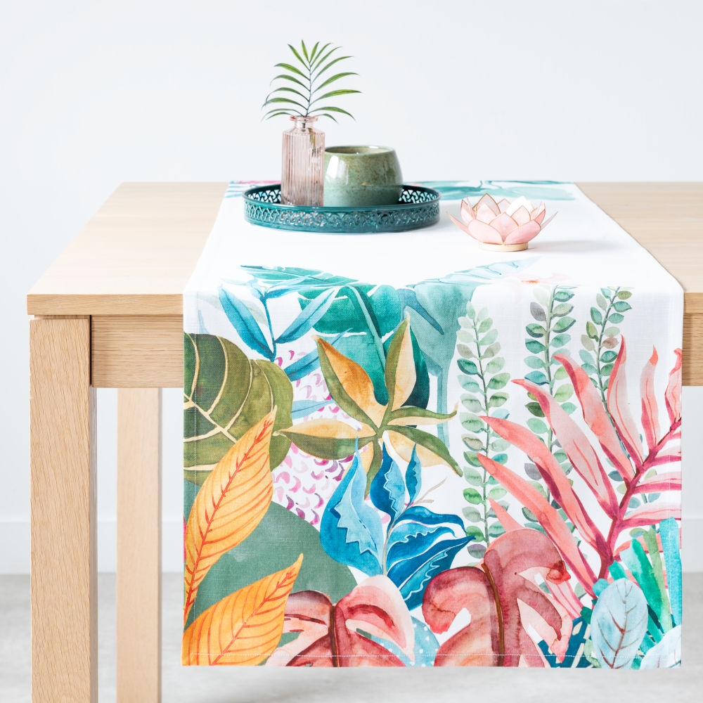 Chemin de table en coton bio imprimé végétal multicolore 48x150 (photo) Chemin de table en coton bio imprimé végétal multicolore 48x150