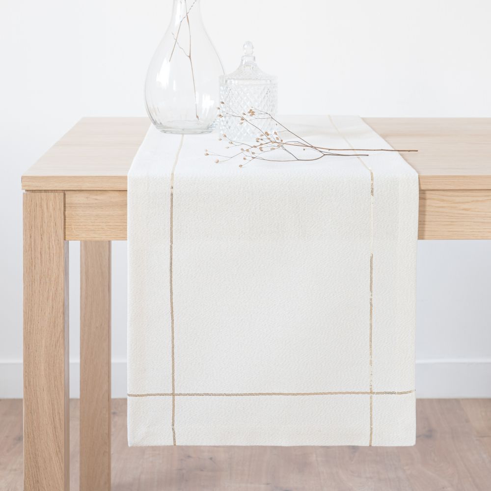 Chemin de table en coton blanc cassé et doré 40x150 Chemin de table en coton blanc cassé et doré 40x150