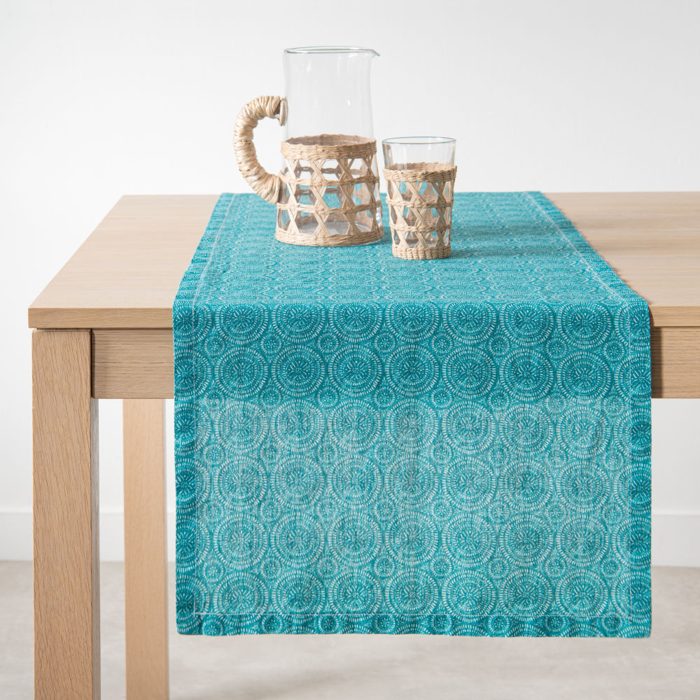 Chemin de table en lin imprimé graphique bleu 45x150