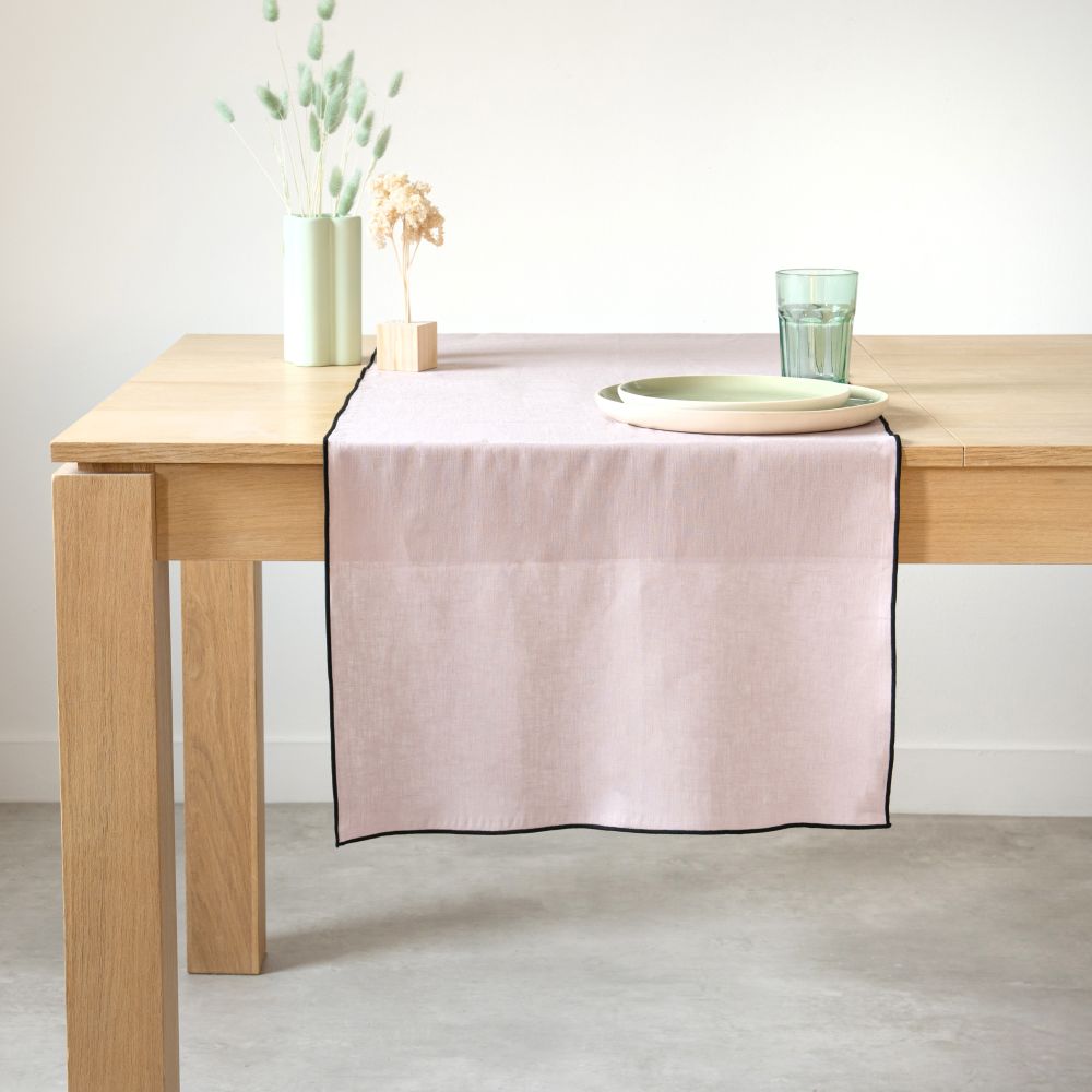 Chemin de table en lin lavé rose lilas et noir 50x150