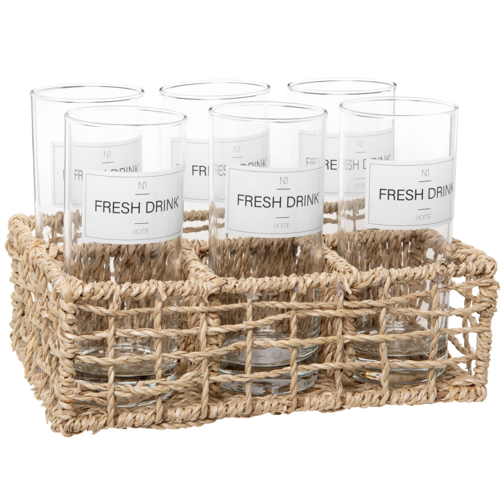 Chopes en verres (x6) et support en corde tressée beige Chopes en verres (x6) et support en corde tressée beige