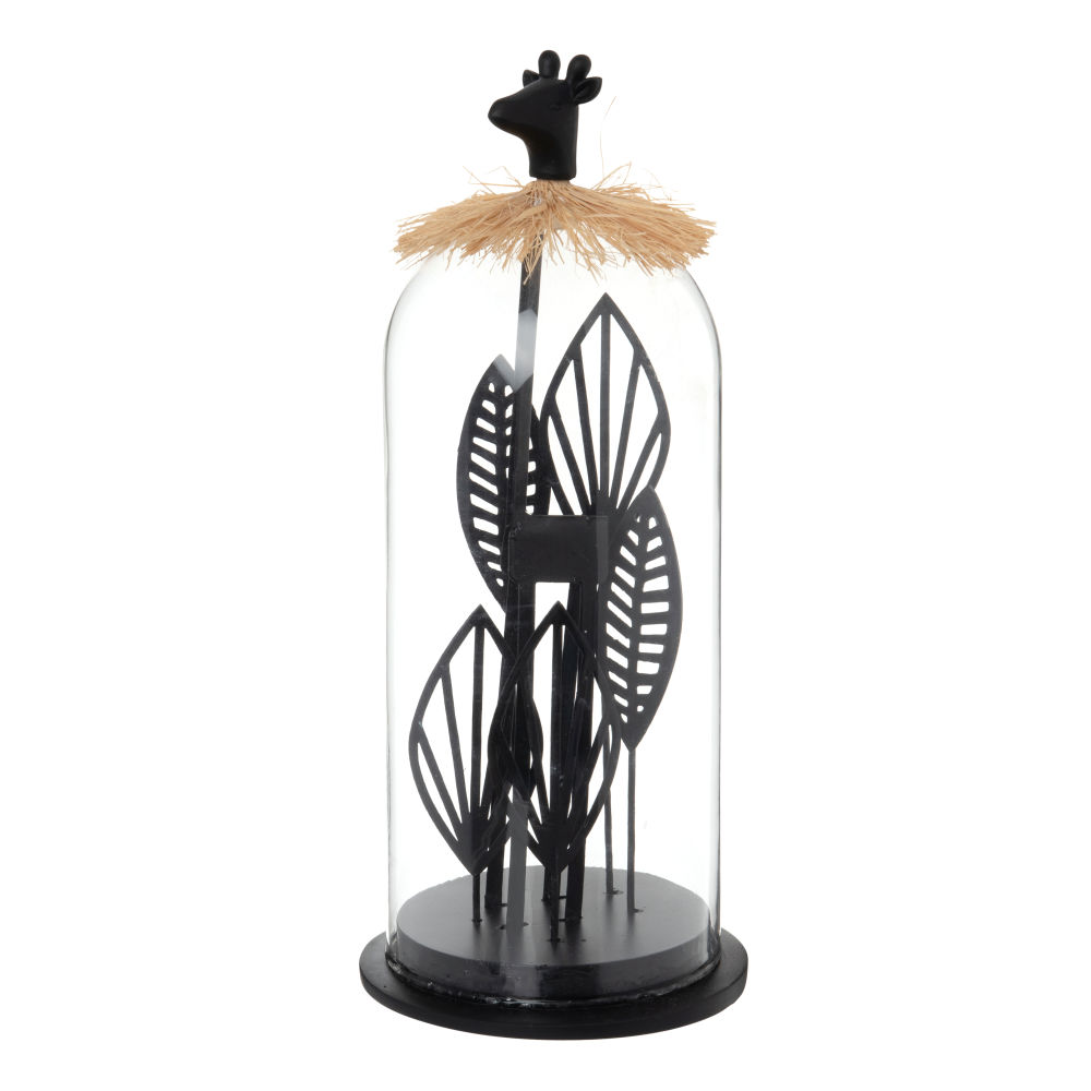 Cloche en verre avec girafe et feuille en métal noir Cloche en verre avec girafe et feuille en métal noir
