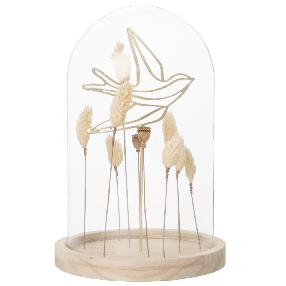 Cloche en verre et pauwlonia hirondelle et épis de blé en métal doré Cloche en verre et pauwlonia hirondelle et épis de blé en métal doré