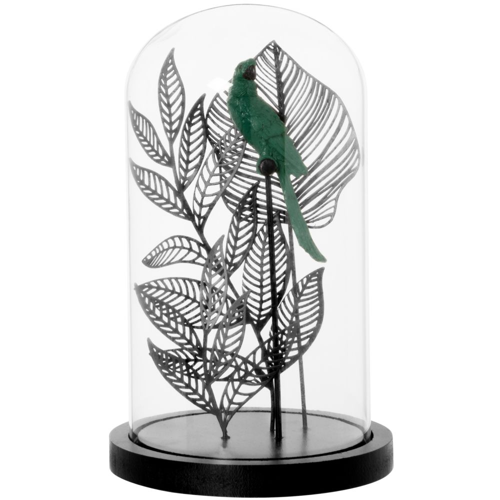 Cloche en verre, perroquet bleu et feuilles en fer noir (photo) Cloche en verre, perroquet bleu et feuilles en fer noir