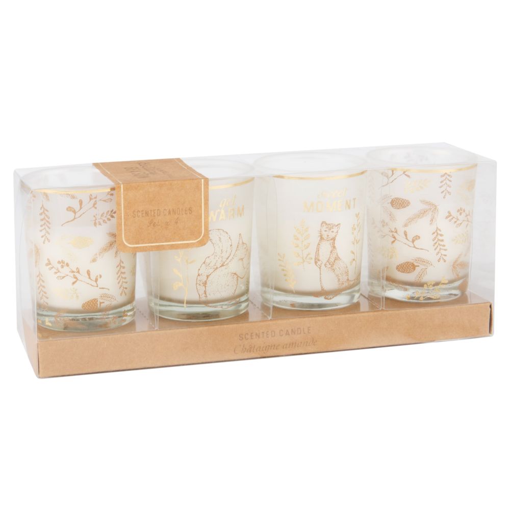 Coffret 4 bougies parfumées lumignons en verre imprimé Coffret 4 bougies parfumées lumignons en verre imprimé