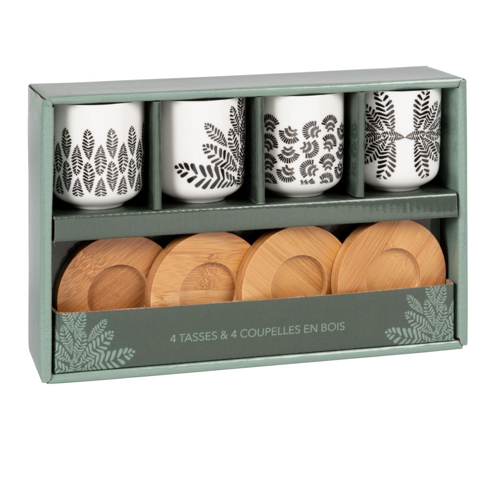 Coffret 4 tasses en porcelaine noire et blanche et soucoupes en bambou