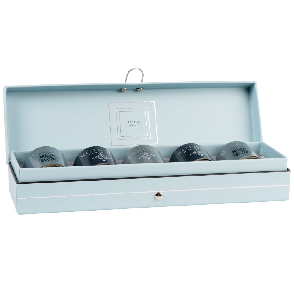 Coffret 5 mini bougies parfumées en verre bleu, vert et gris