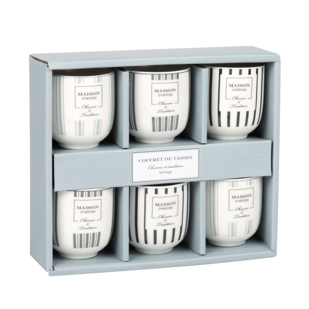 Coffret 6 tasses en porcelaine blanche et noire imprimée
