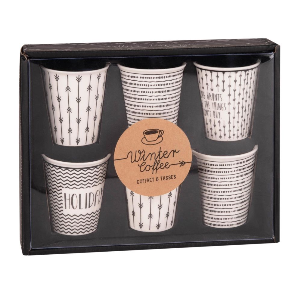 Coffret 6 tasses en porcelaine blanche motifs noirs Coffret 6 tasses en porcelaine blanche motifs noirs