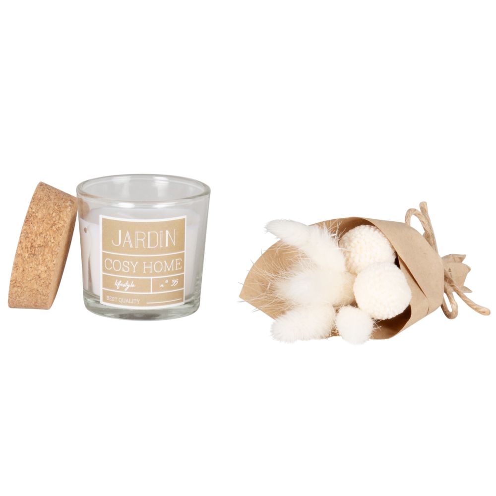 Coffret bouquet de fleurs séchées et bougie beige et blanche Coffret bouquet de fleurs séchées et bougie beige et blanche