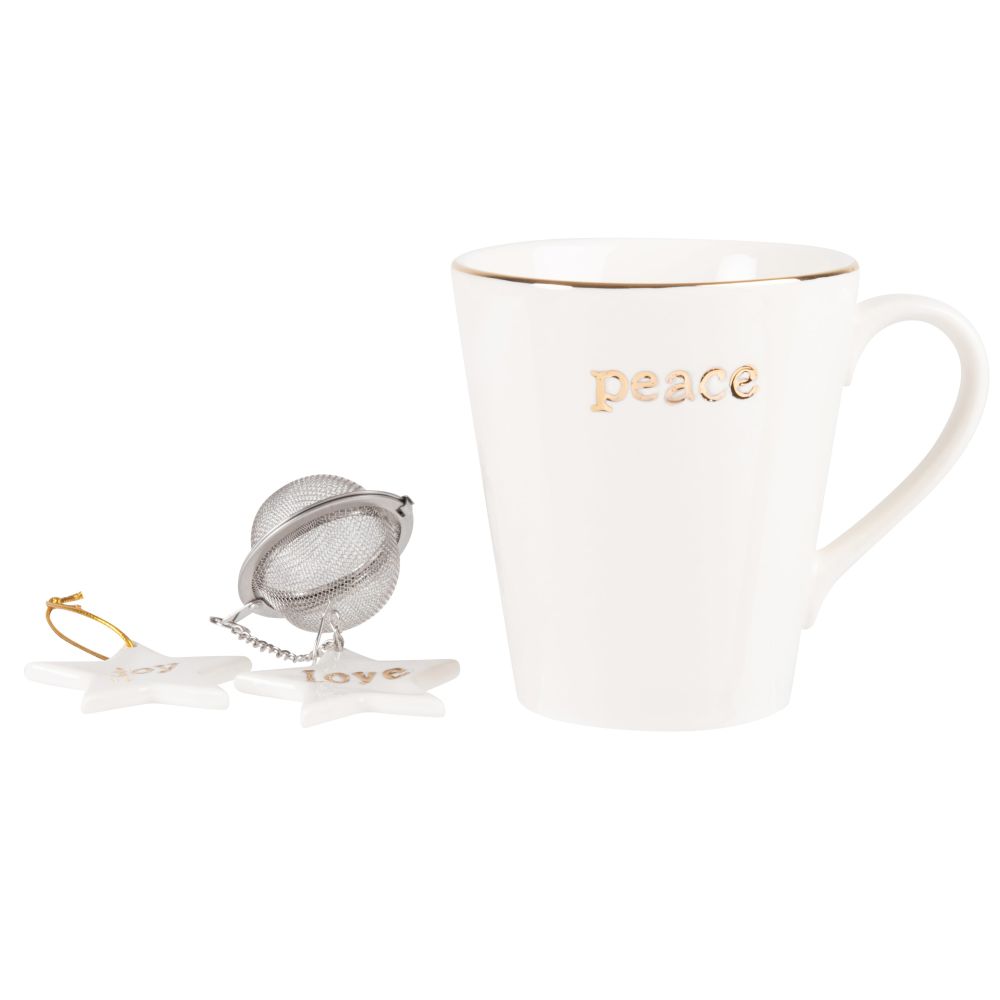 Coffret mug en porcelaine blanche et dorée et boule à thé en inox Coffret mug en porcelaine blanche et dorée et boule à thé en inox